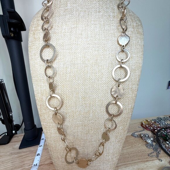 Loft Long Gold-Tone Necklace With Interlocking Circle Design & Textured Details - Picture 1 of 10